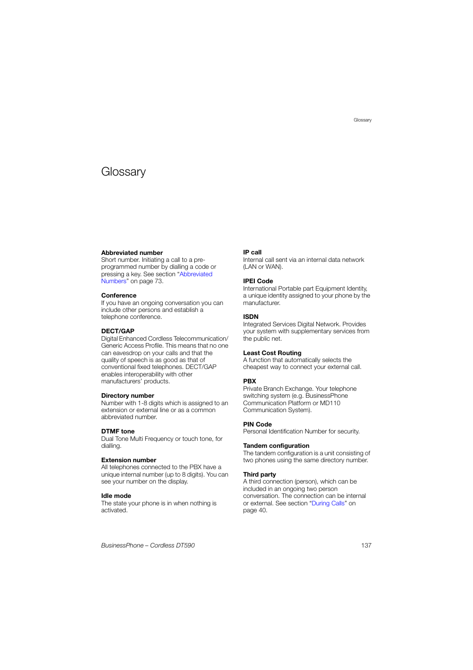 Glossary | Ericsson DT590 User Manual | Page 137 / 144