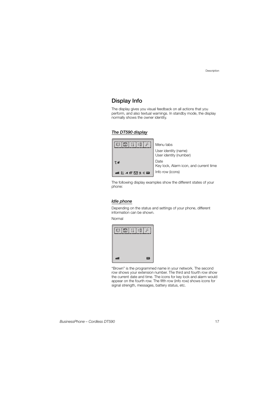 Display info, The dt590 display, Idle phone | Ericsson DT590 User Manual | Page 17 / 144