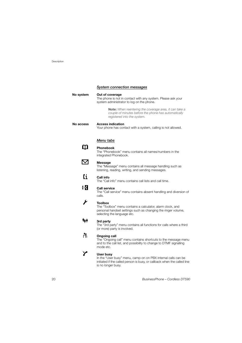 System connection messages, Menu tabs | Ericsson DT590 User Manual | Page 20 / 144