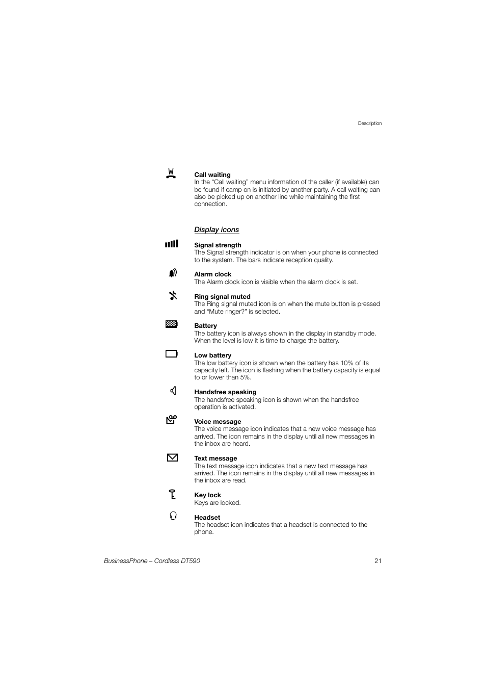 Display icons | Ericsson DT590 User Manual | Page 21 / 144