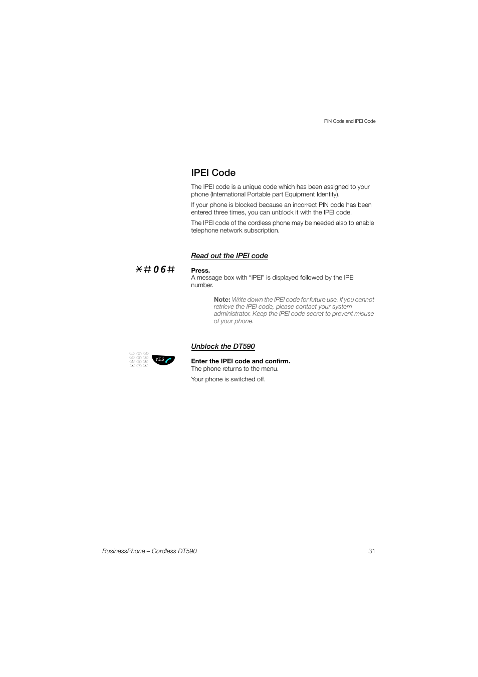 Ipei code, Read out the ipei code, Unblock the dt590 | Ericsson DT590 User Manual | Page 31 / 144