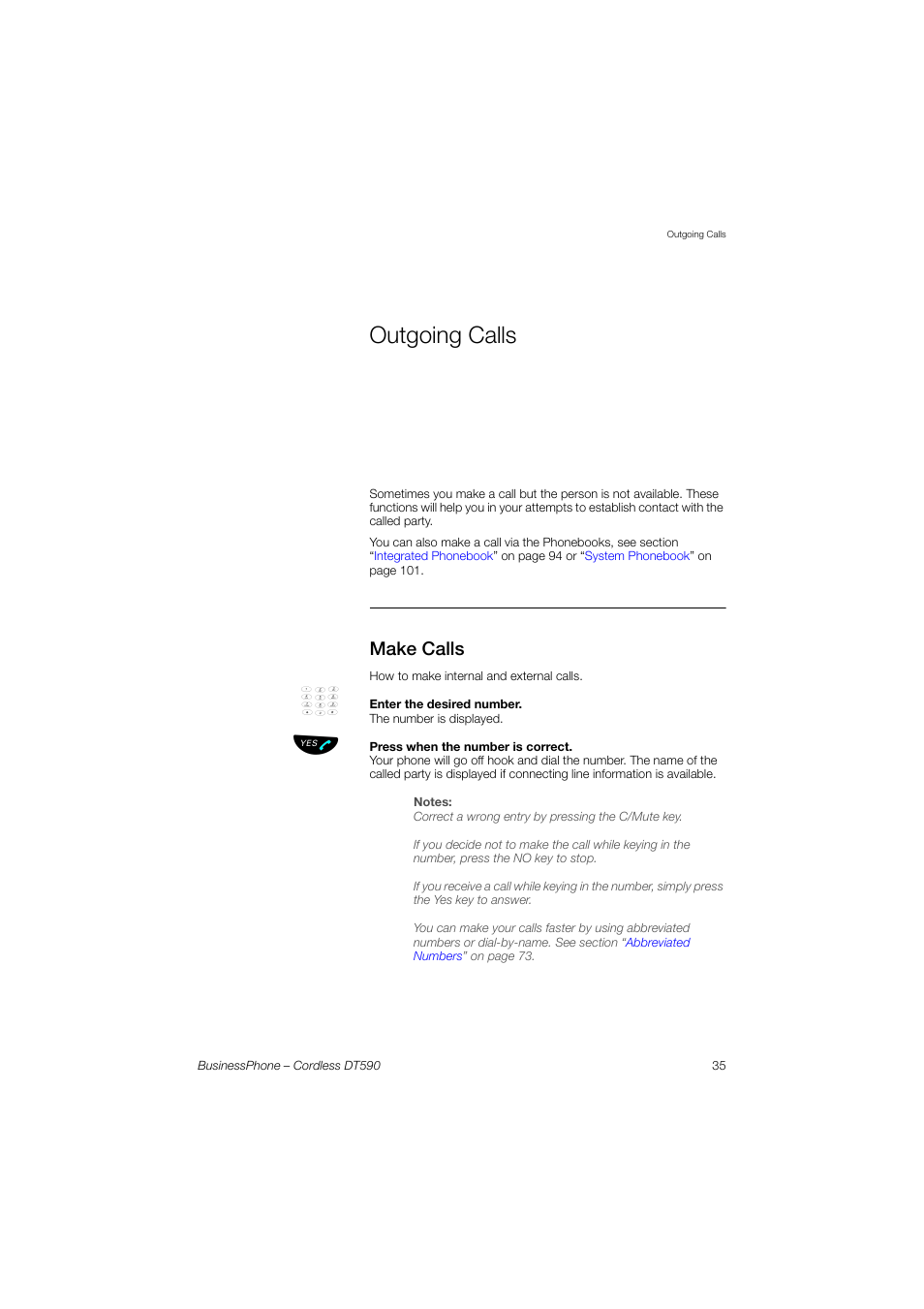 Outgoing calls, Make calls | Ericsson DT590 User Manual | Page 35 / 144