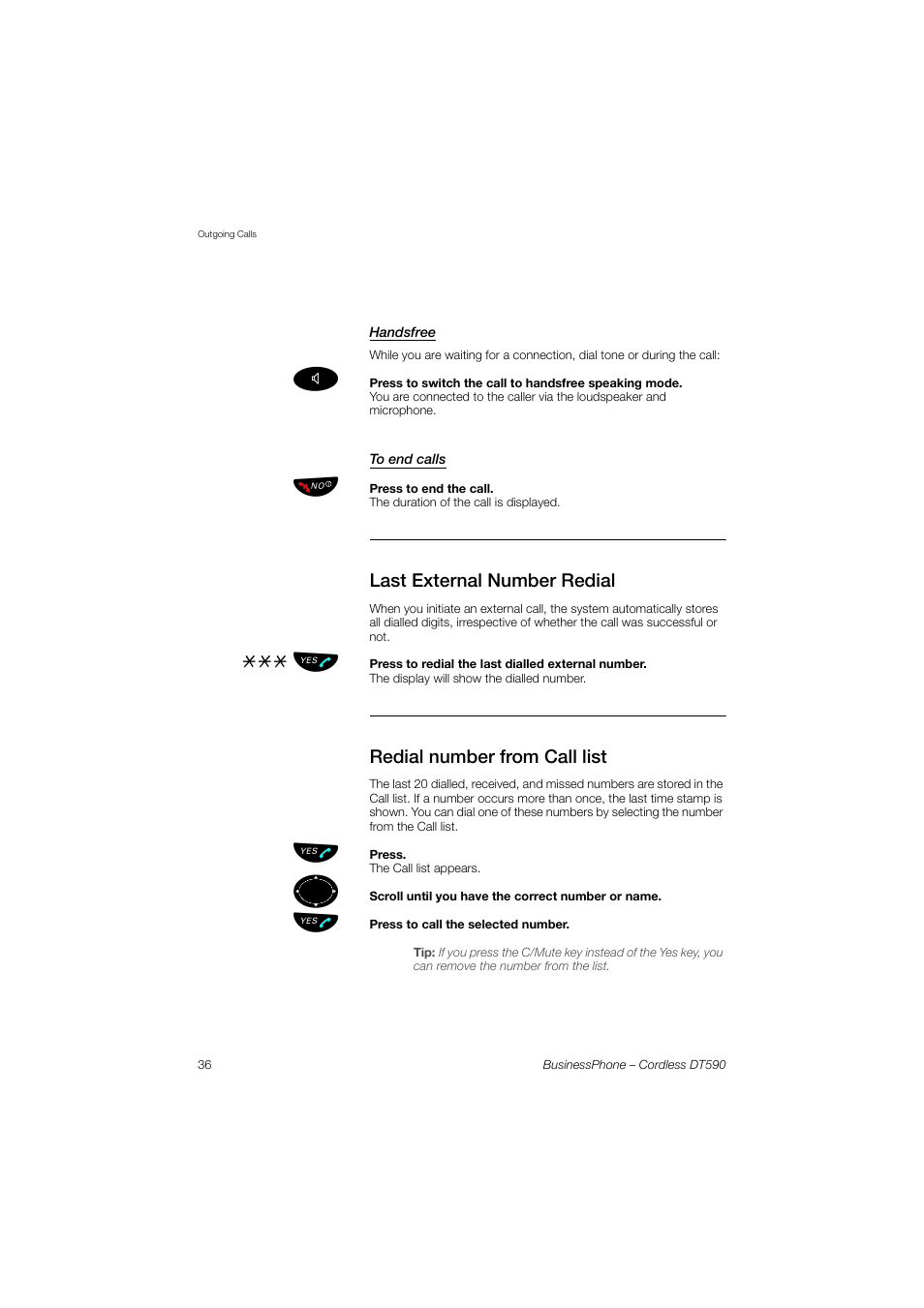 Handsfree, To end calls, Last external number redial | Redial number from call list | Ericsson DT590 User Manual | Page 36 / 144