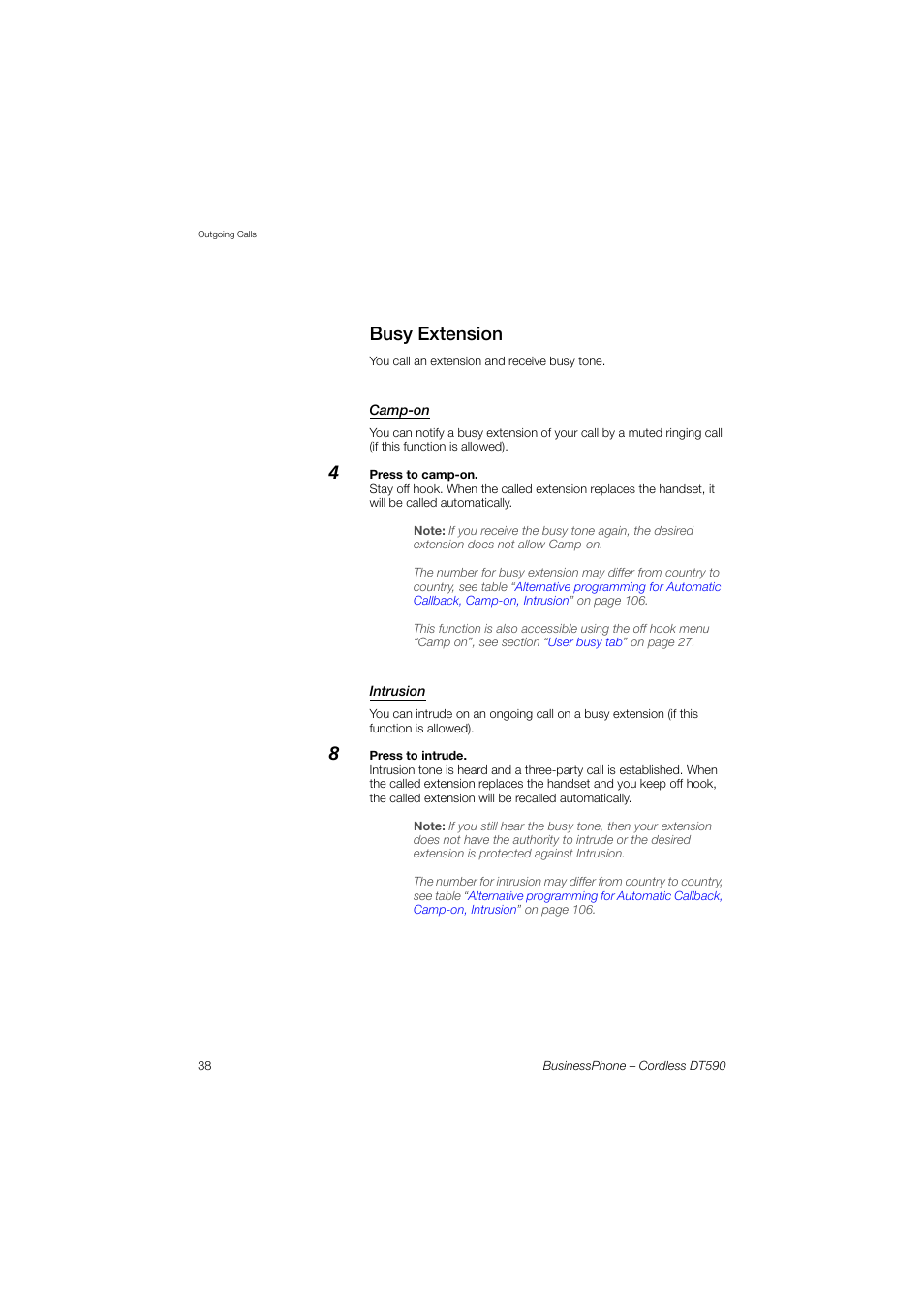 Busy extension, Camp-on, Intrusion | Ericsson DT590 User Manual | Page 38 / 144