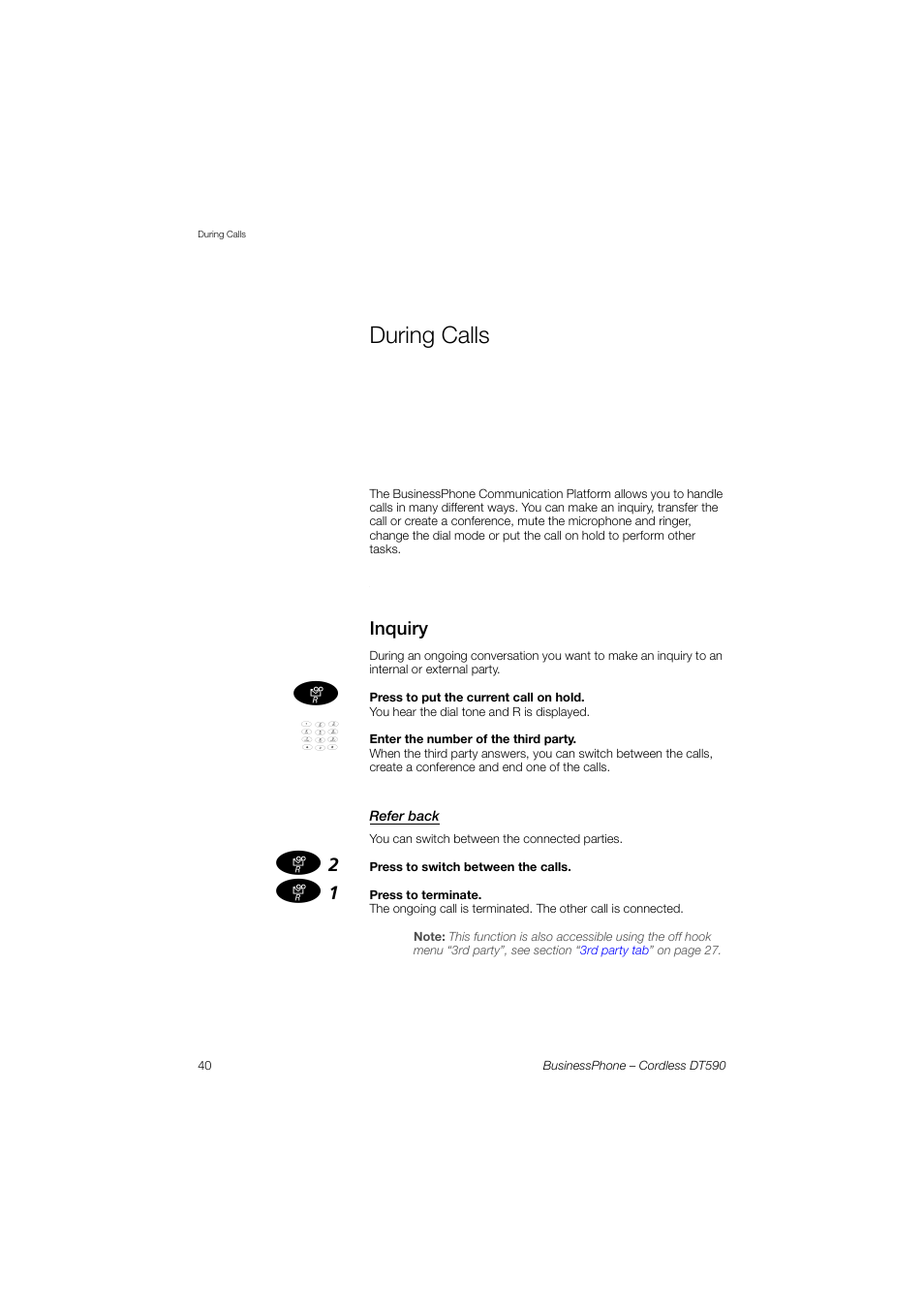 During calls, Inquiry, Refer back | Ericsson DT590 User Manual | Page 40 / 144