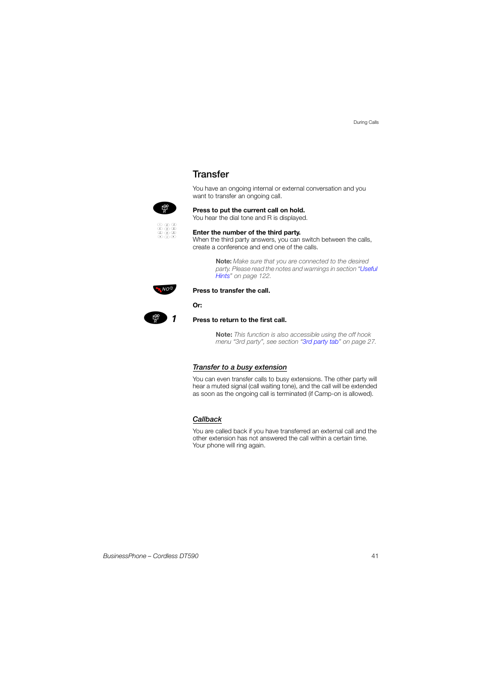 Transfer, Transfer to a busy extension, Callback | Ericsson DT590 User Manual | Page 41 / 144