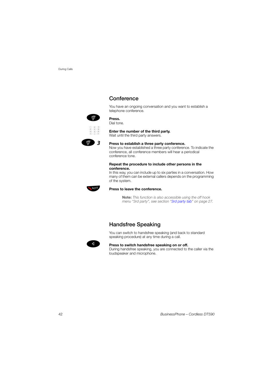 Conference, Handsfree speaking | Ericsson DT590 User Manual | Page 42 / 144