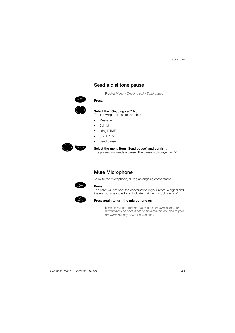 Send a dial tone pause, Mute microphone, ºь ы | Ericsson DT590 User Manual | Page 43 / 144