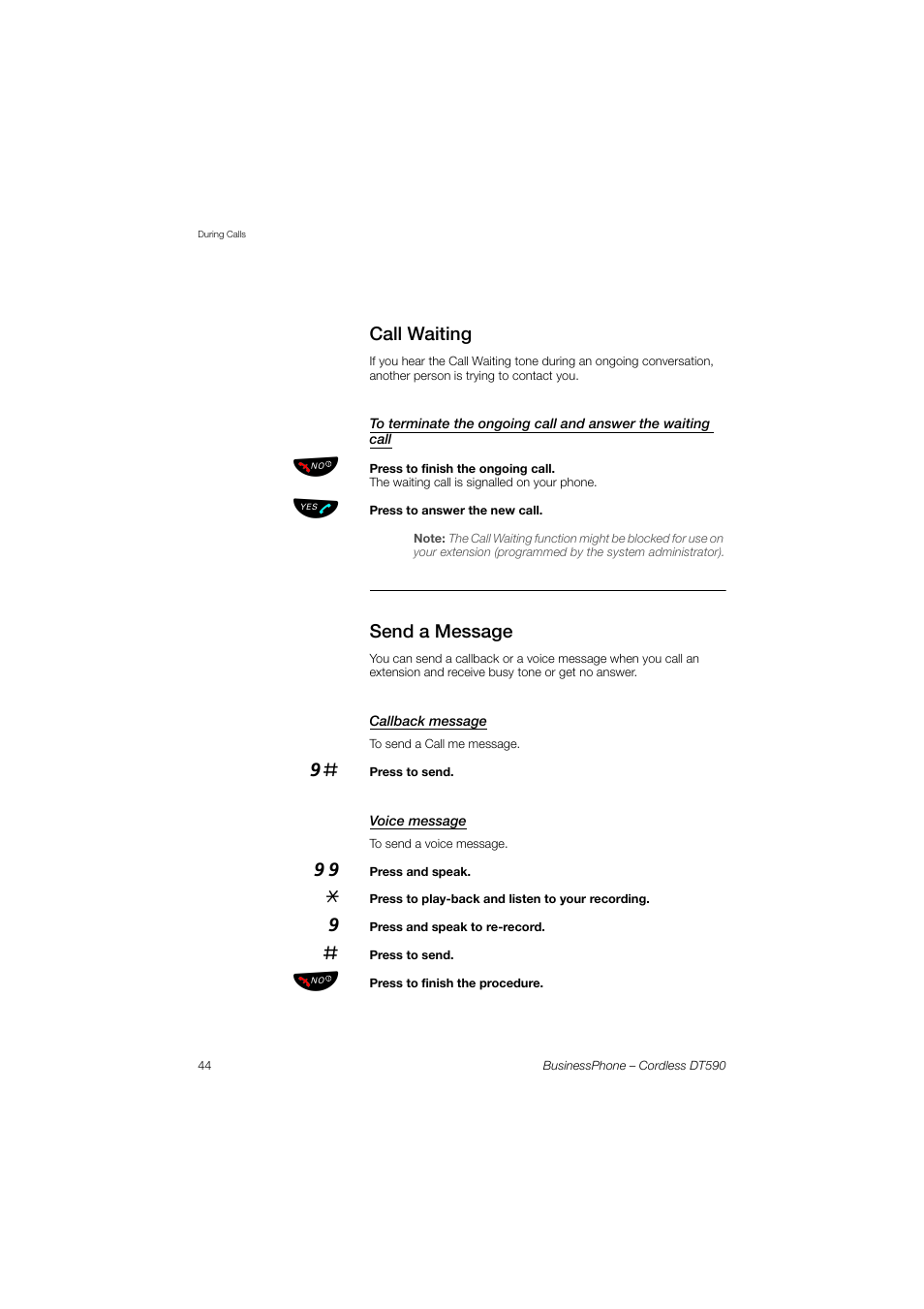 Call waiting, Send a message, Callback message | Voice message | Ericsson DT590 User Manual | Page 44 / 144