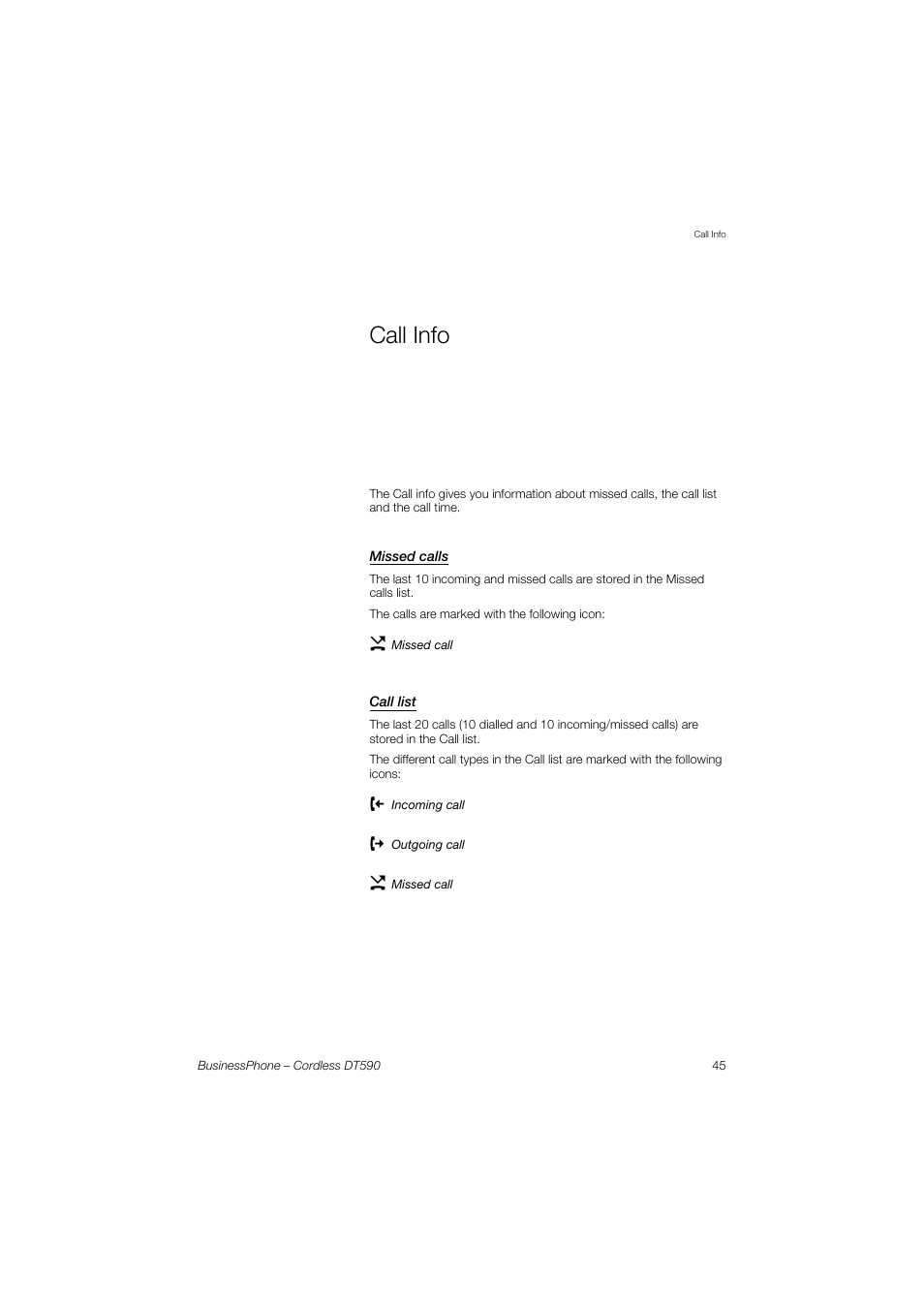 Call info, Missed calls, Call list | Ericsson DT590 User Manual | Page 45 / 144
