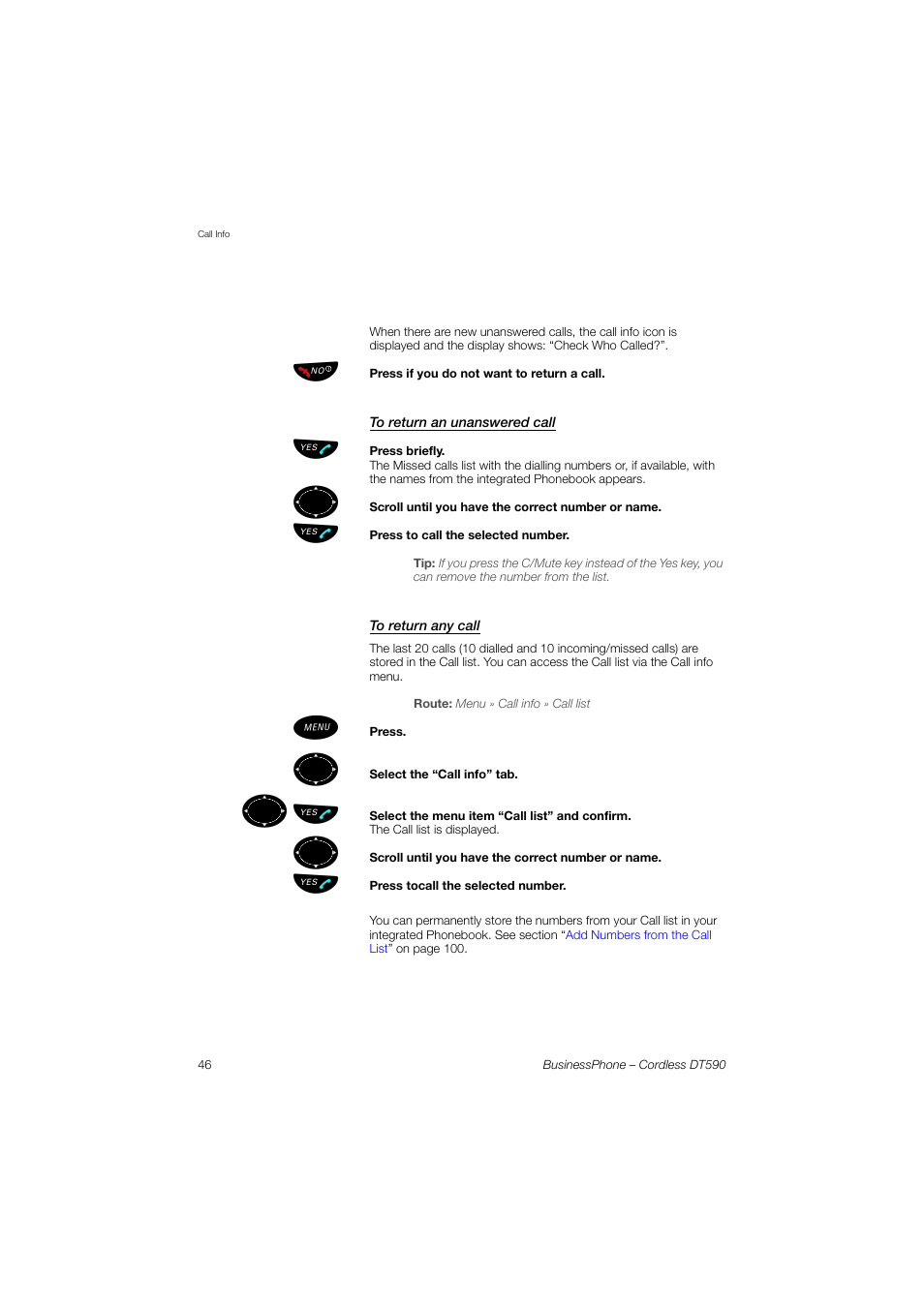 To return an unanswered call, To return any call, ºь ы | Ericsson DT590 User Manual | Page 46 / 144