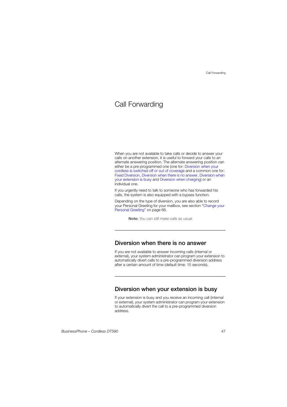 Call forwarding, Diversion when there is no answer, Diversion when your extension is busy | Ericsson DT590 User Manual | Page 47 / 144