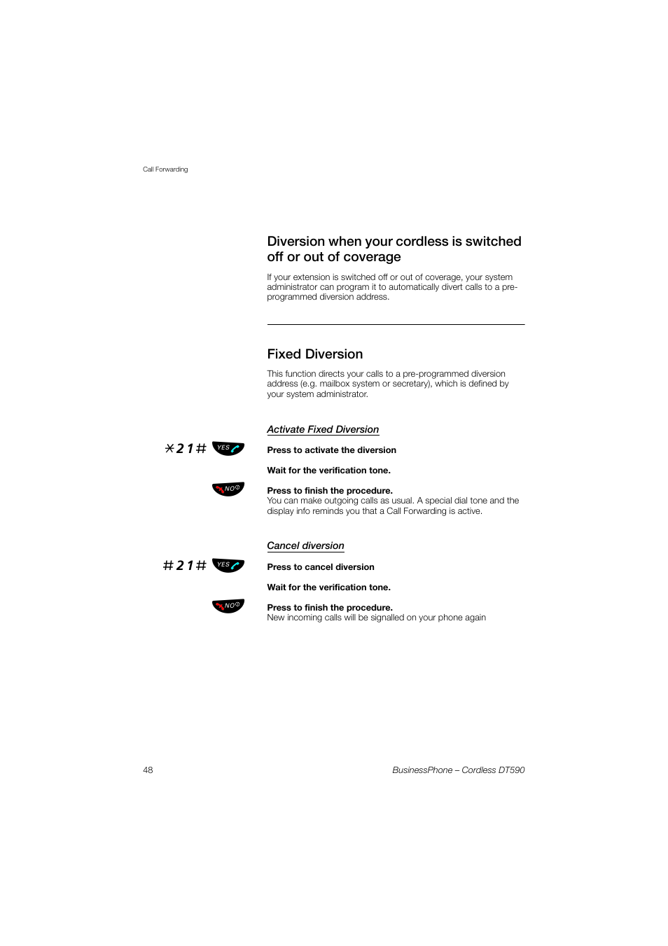 Fixed diversion, Activate fixed diversion, Cancel diversion | E (one for, Diversion when your, Cordless is switched off or out of coverage, And a common one, 21# ь ы | Ericsson DT590 User Manual | Page 48 / 144