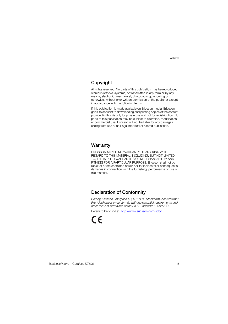 Copyright, Warranty, Declaration of conformity | Ericsson DT590 User Manual | Page 5 / 144