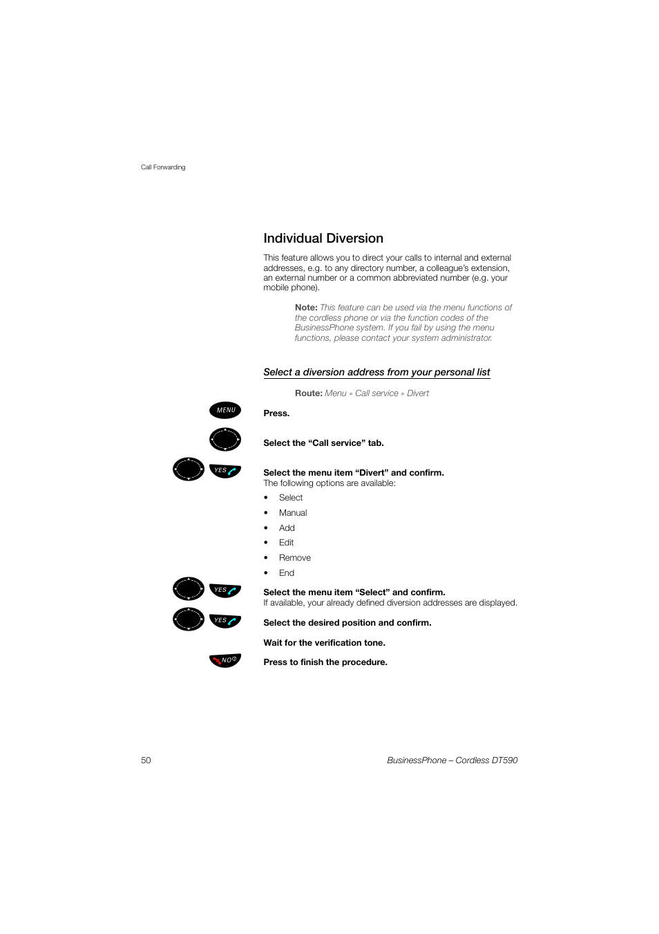 Individual diversion, Select a diversion address from your personal list, Üº ь ы | ºь ы | Ericsson DT590 User Manual | Page 50 / 144