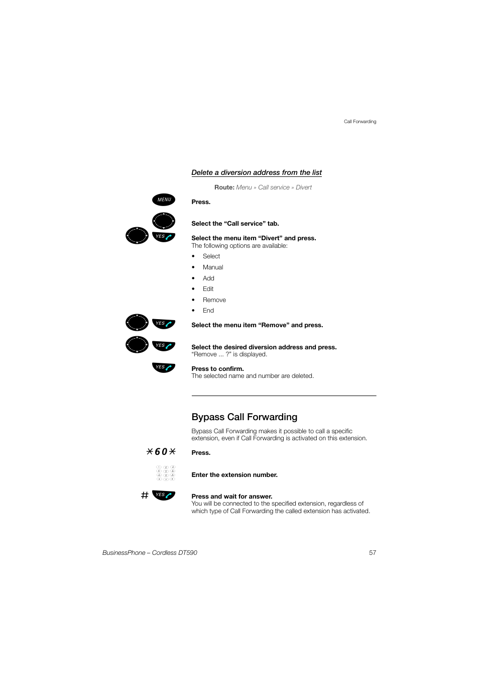 Delete a diversion address from the list, Bypass call forwarding, ºь ы | Ericsson DT590 User Manual | Page 57 / 144