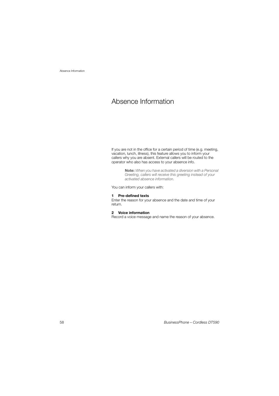 Absence information | Ericsson DT590 User Manual | Page 58 / 144