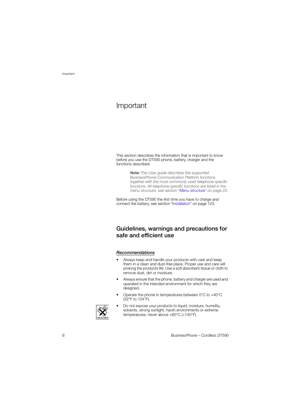 Important, Recommendations | Ericsson DT590 User Manual | Page 6 / 144