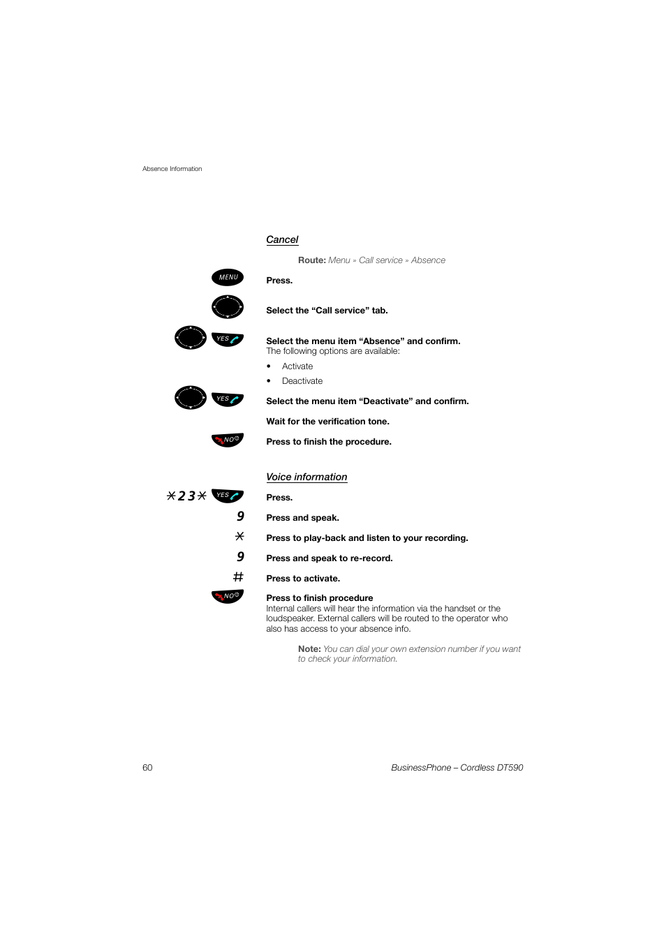 Cancel, Voice information, ºь ы | 23* ь ы | Ericsson DT590 User Manual | Page 60 / 144