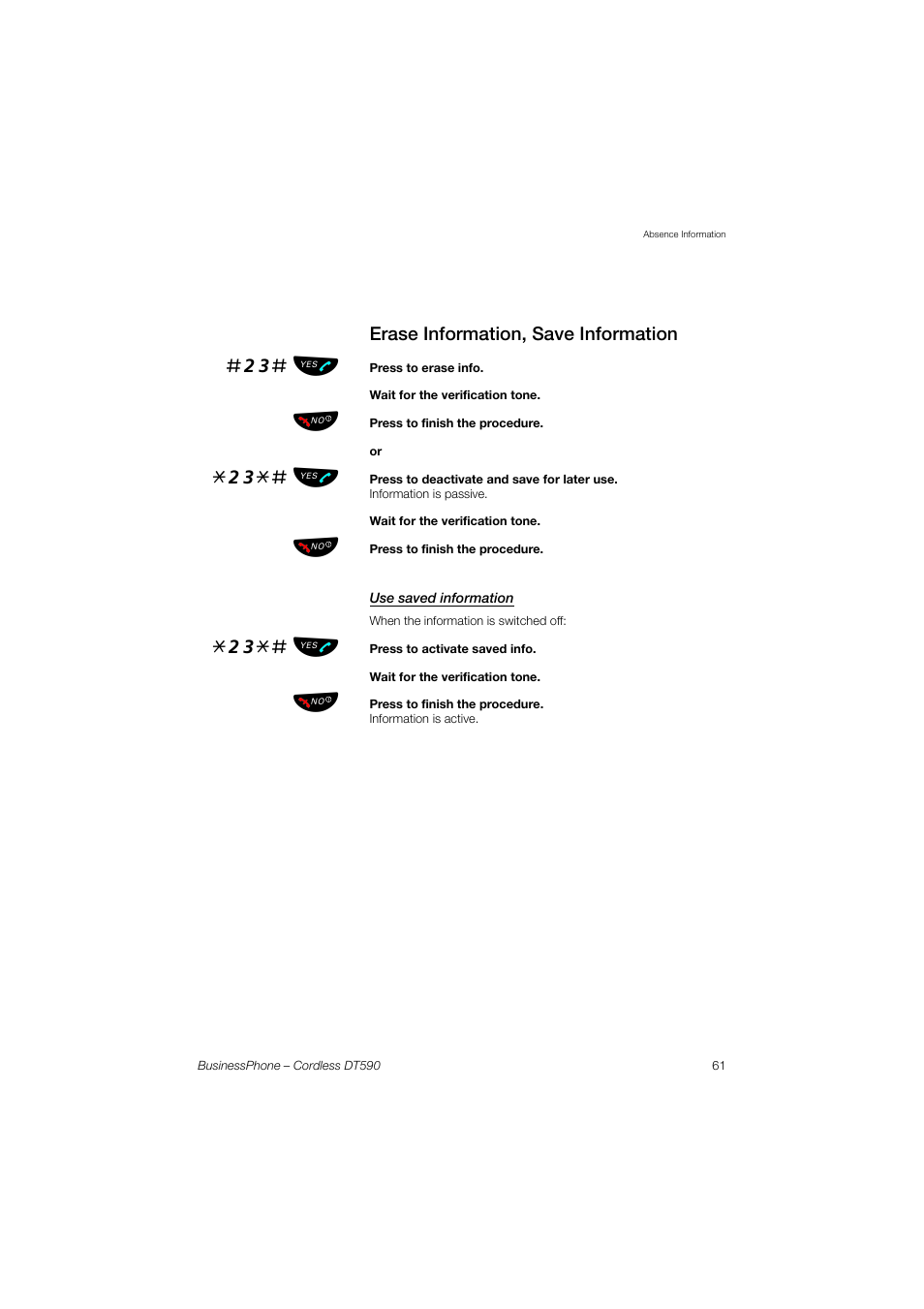 Erase information, save information, Use saved information, 23# ь ы | 23*# ь ы | Ericsson DT590 User Manual | Page 61 / 144