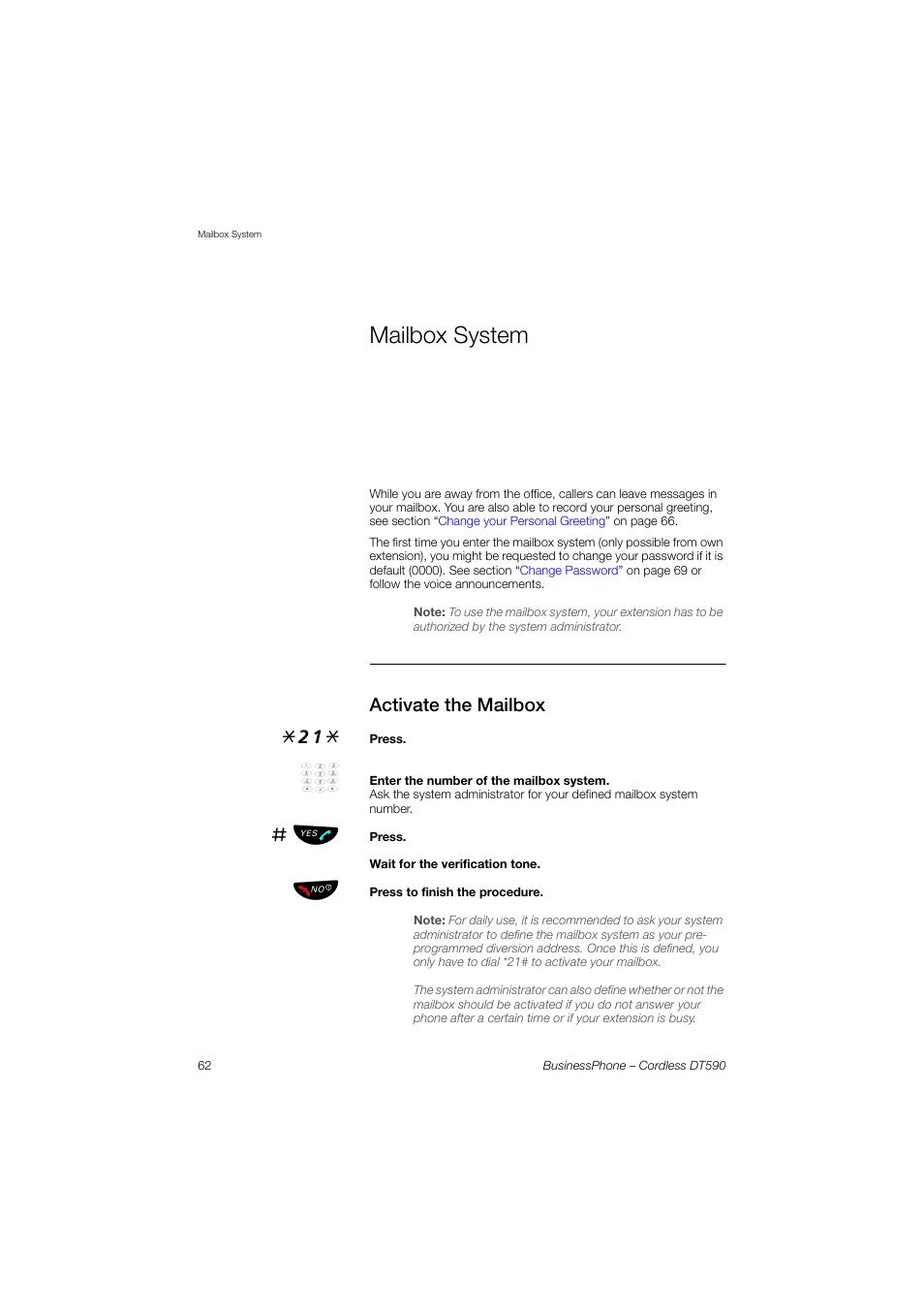 Mailbox system, Activate the mailbox | Ericsson DT590 User Manual | Page 62 / 144