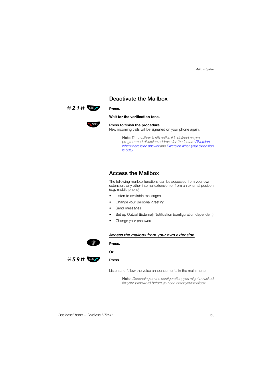 Deactivate the mailbox, Access the mailbox, Access the mailbox from your own extension | 21# ь ы, 59# ь ы | Ericsson DT590 User Manual | Page 63 / 144