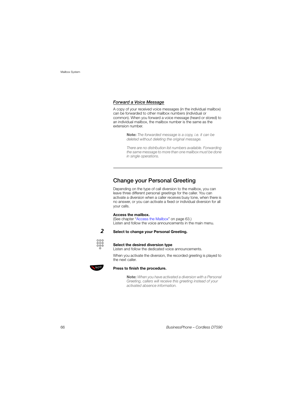 Forward a voice message, Change your personal greeting, Change your | Personal greeting | Ericsson DT590 User Manual | Page 66 / 144