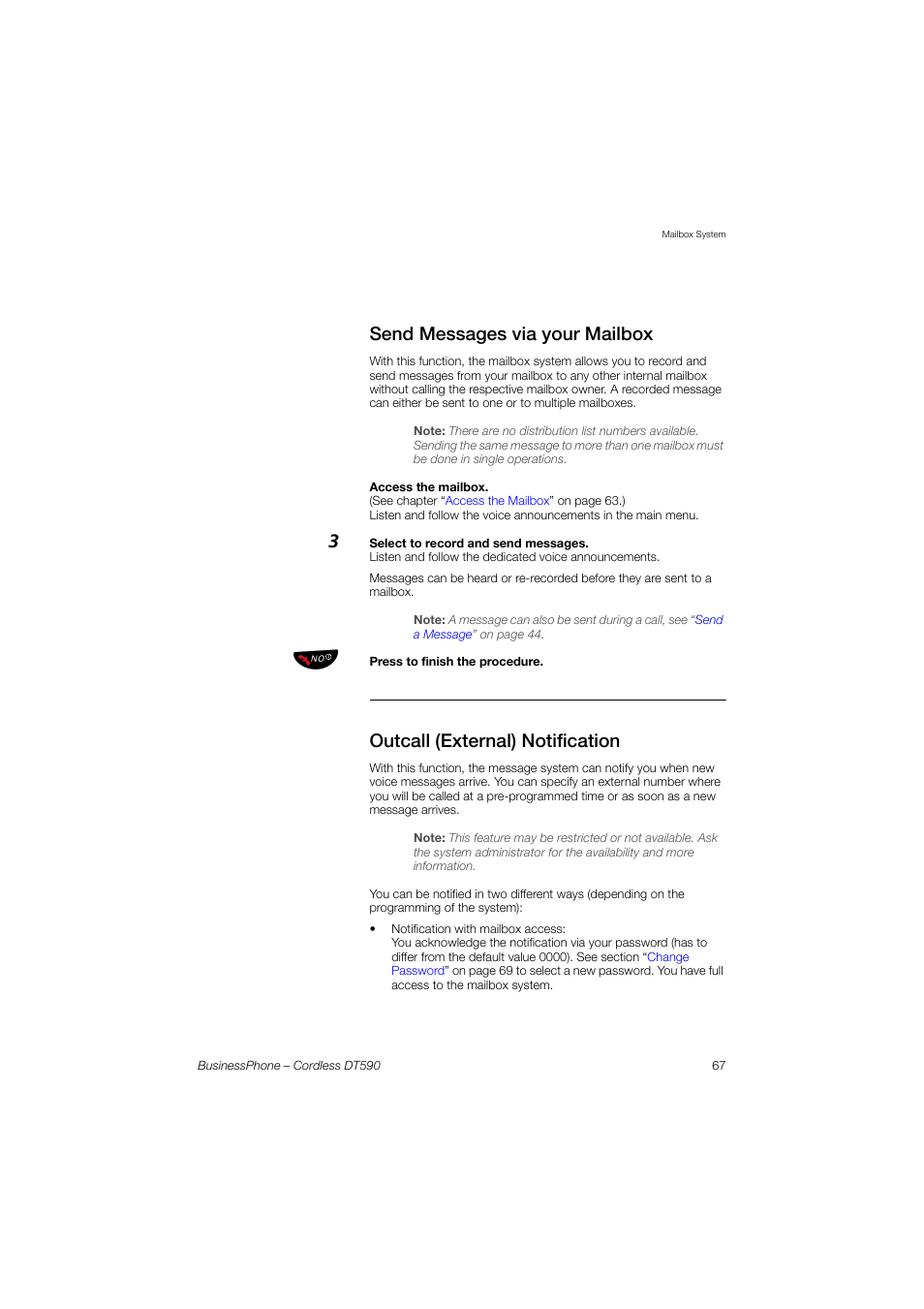 Send messages via your mailbox, Outcall (external) notification | Ericsson DT590 User Manual | Page 67 / 144