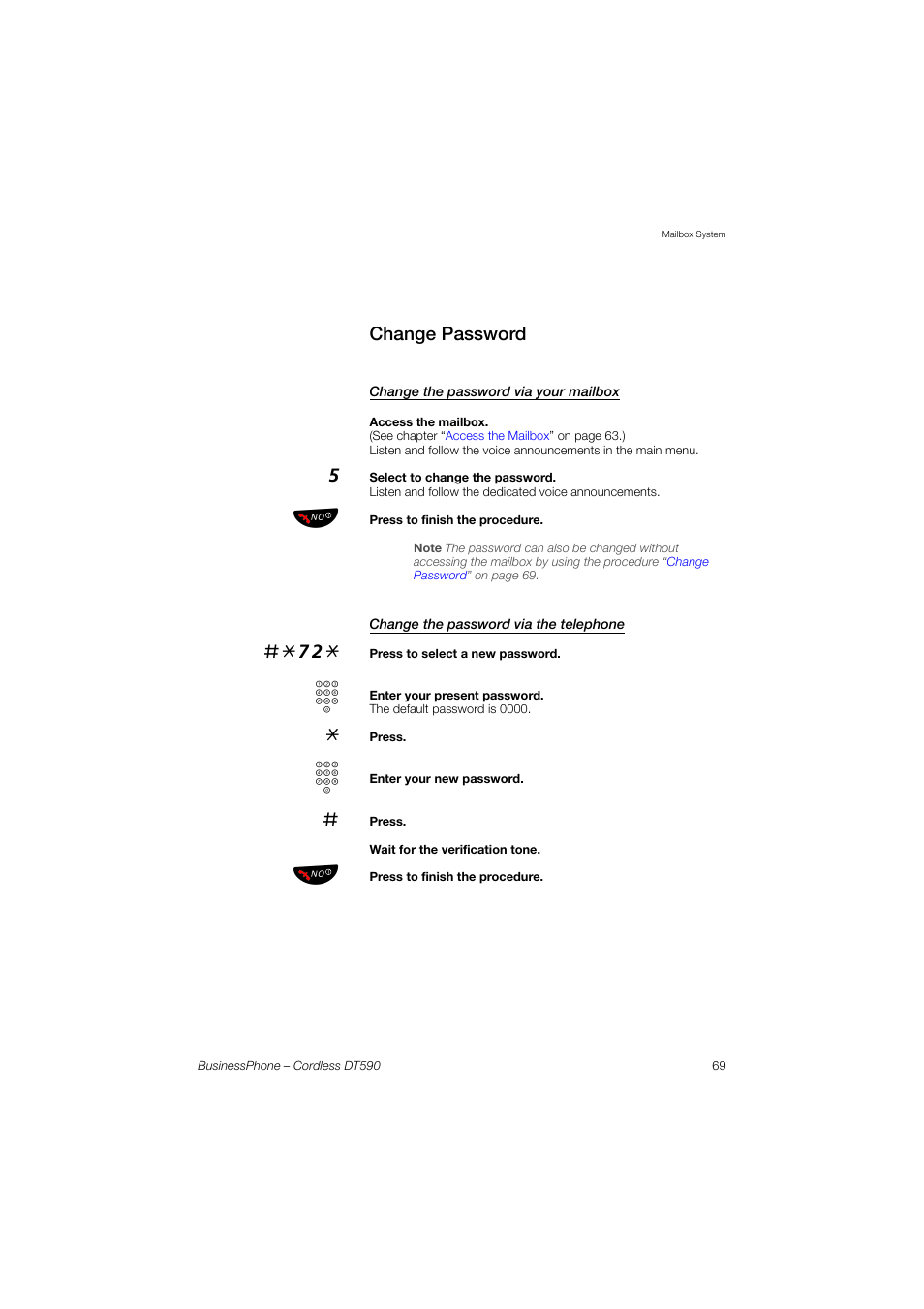 Change password, Change the password via your mailbox, Change the password via the telephone | E section, Change, Password | Ericsson DT590 User Manual | Page 69 / 144