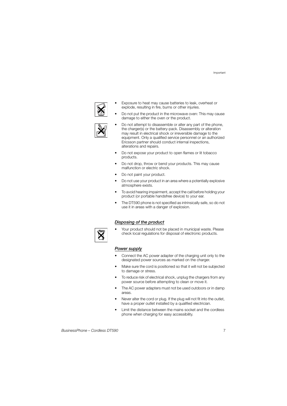 Disposing of the product, Power supply | Ericsson DT590 User Manual | Page 7 / 144