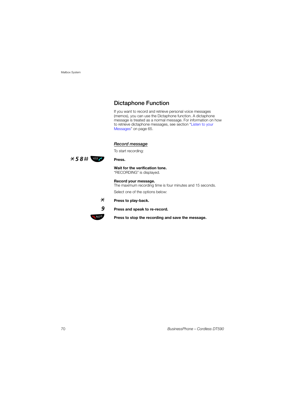 Dictaphone function, Record message, 58# ь ы | Ericsson DT590 User Manual | Page 70 / 144