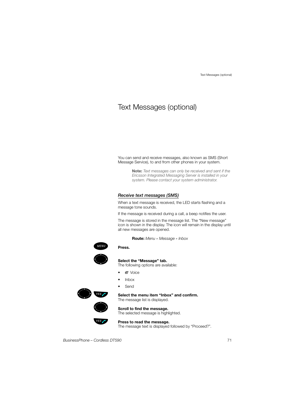 Text messages (optional), Receive text messages (sms), ºь ы | Ericsson DT590 User Manual | Page 71 / 144