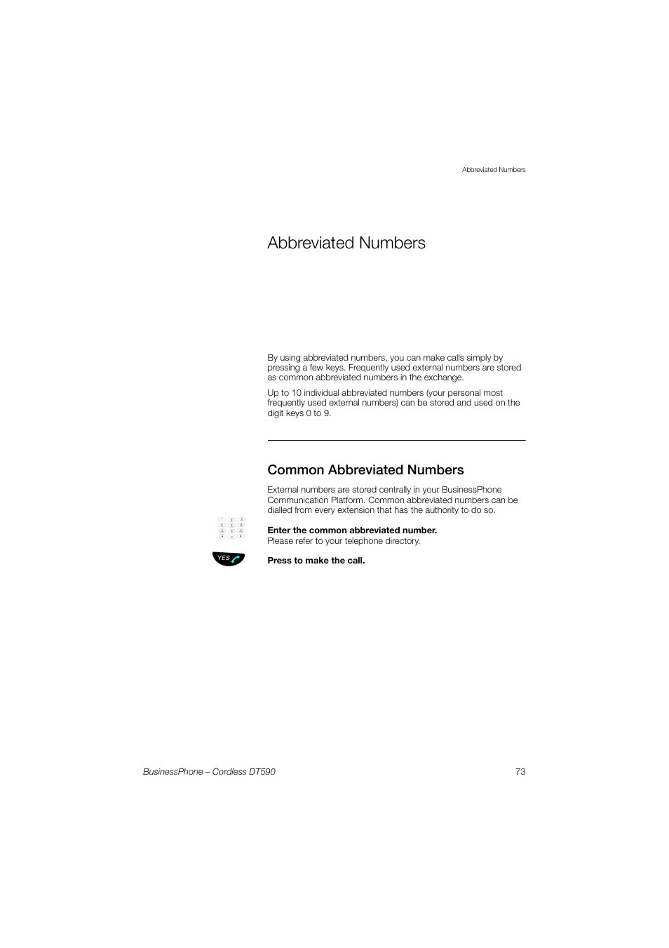 Abbreviated numbers, Common abbreviated numbers, Abbreviated | Numbers | Ericsson DT590 User Manual | Page 73 / 144