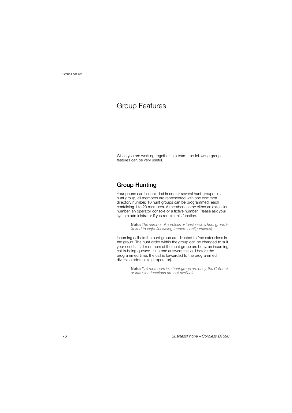 Group features, Group hunting | Ericsson DT590 User Manual | Page 76 / 144