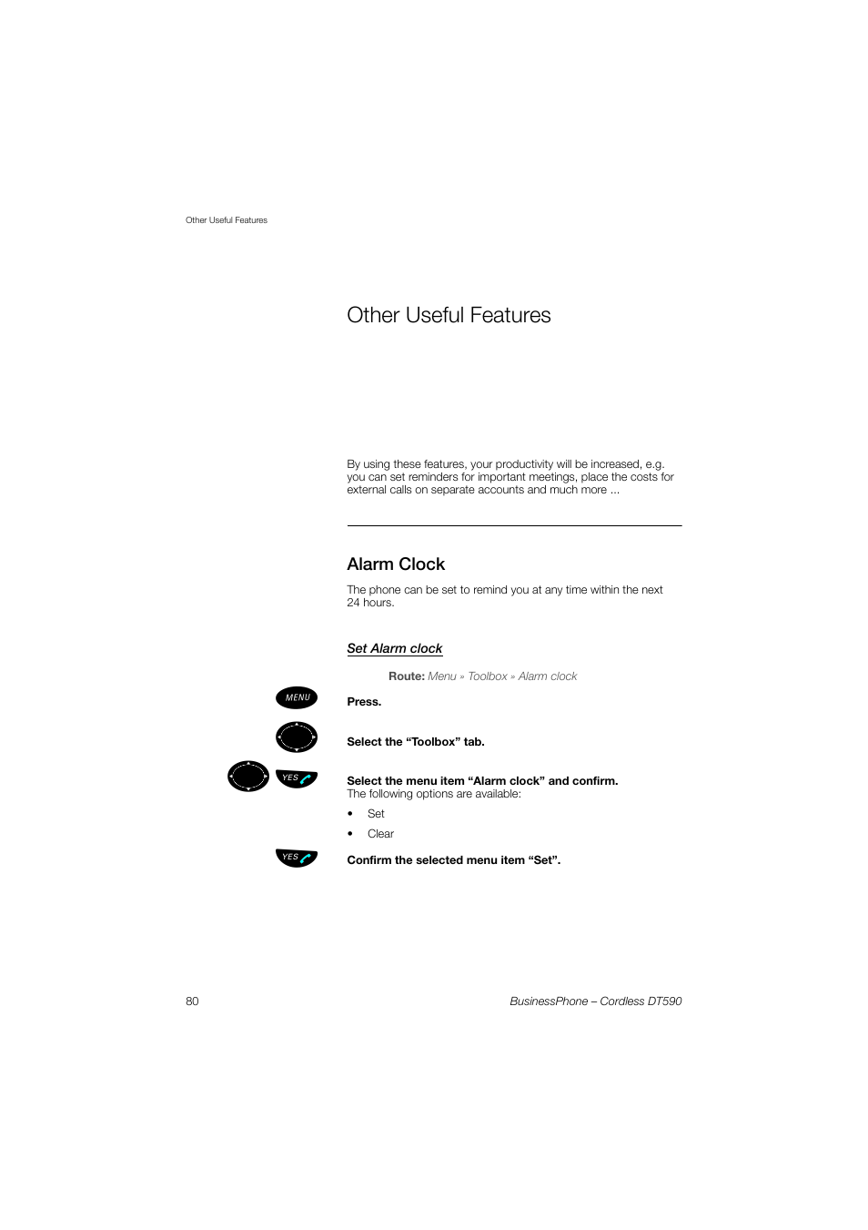 Other useful features, Alarm clock, Set alarm clock | ºь ы | Ericsson DT590 User Manual | Page 80 / 144