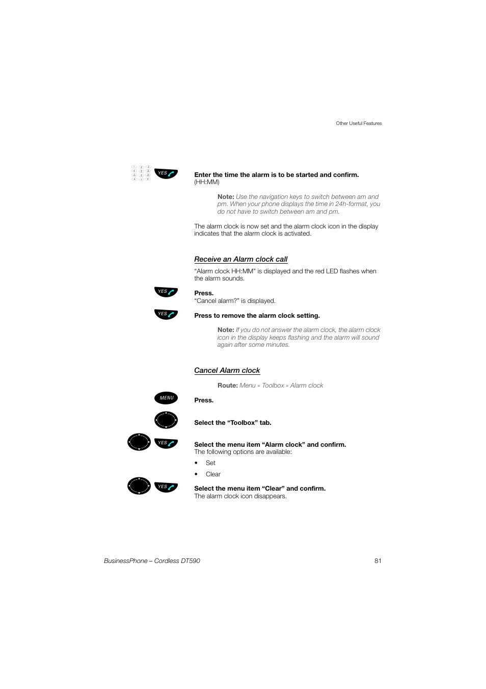 Receive an alarm clock call, Cancel alarm clock, ºь ы | Ericsson DT590 User Manual | Page 81 / 144