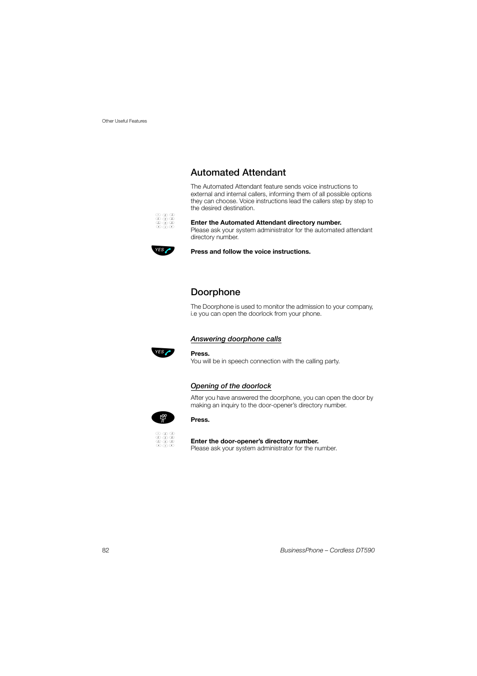 Automated attendant, Doorphone, Answering doorphone calls | Opening of the doorlock | Ericsson DT590 User Manual | Page 82 / 144