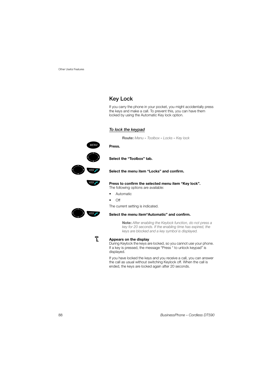 Key lock, To lock the keypad, ºь ы | Ericsson DT590 User Manual | Page 88 / 144