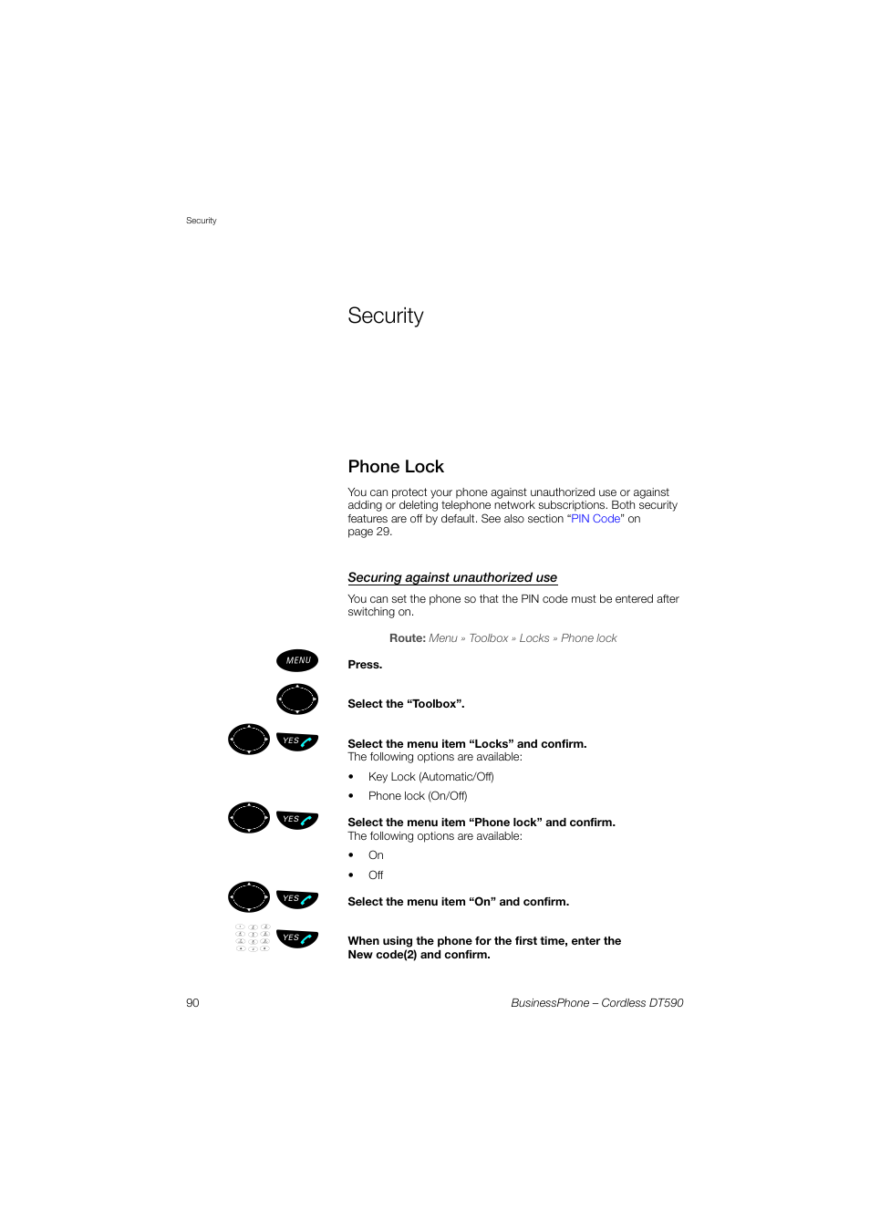 Security, Phone lock, Securing against unauthorized use | ºь ы, Üº ь ы | Ericsson DT590 User Manual | Page 90 / 144