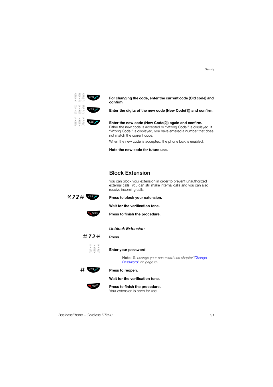 Block extension, Unblock extension, 72# ь ы | Ericsson DT590 User Manual | Page 91 / 144