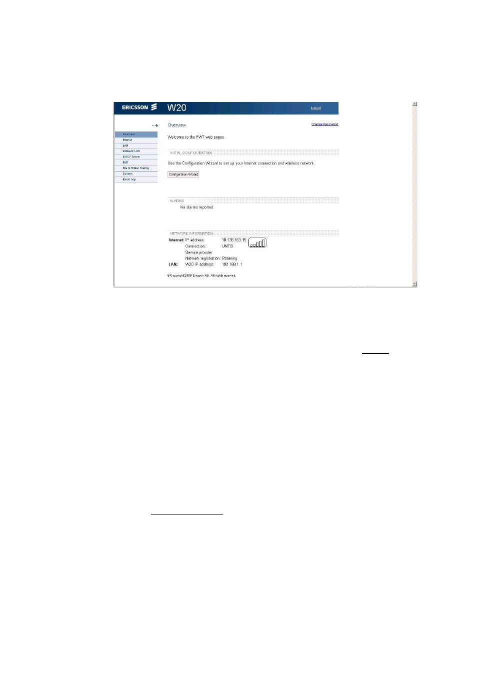 1 changing password, Changing, Password | 2 overview page | Ericsson WCDMA/HSDPA User Manual | Page 12 / 68