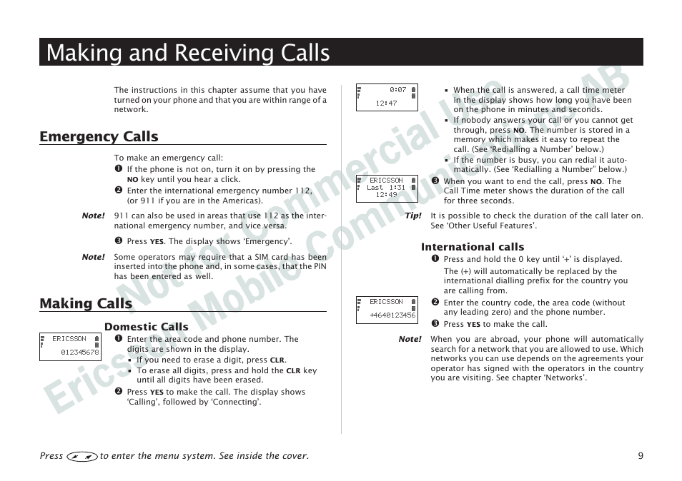 Making and receiving calls, Making and receiving calls 9, Emergency calls 9, making calls 9 | Emergency calls, Making calls | Ericsson I 888 WORLD User Manual | Page 13 / 70