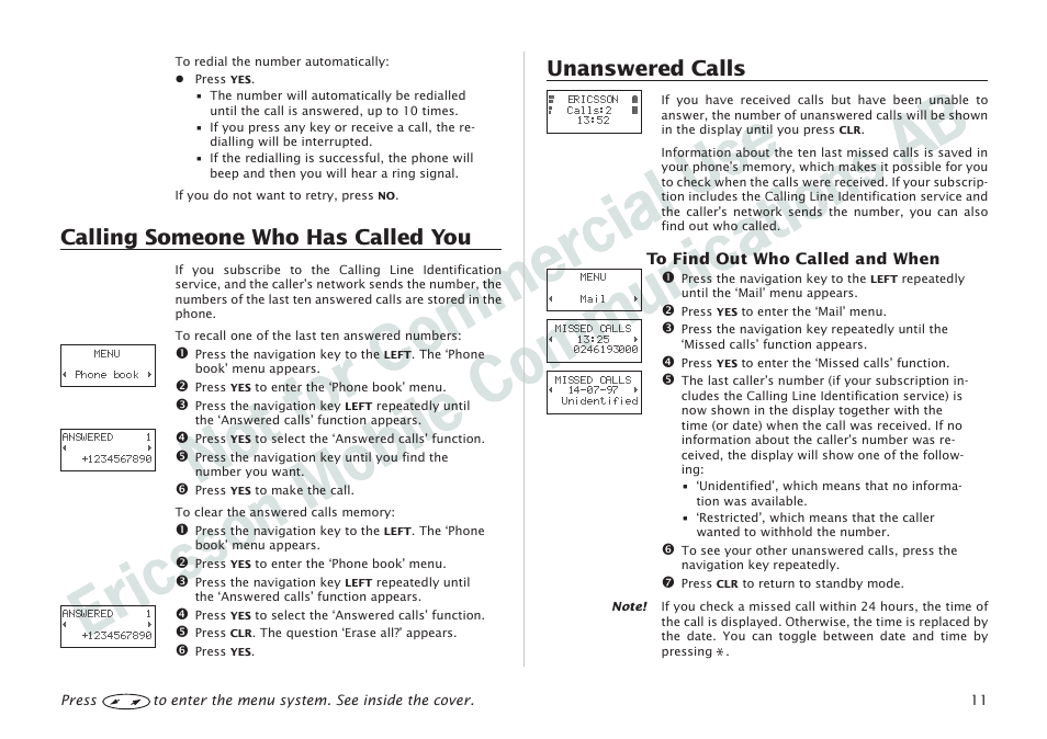 Calling someone who has called you, Unanswered calls | Ericsson I 888 WORLD User Manual | Page 15 / 70