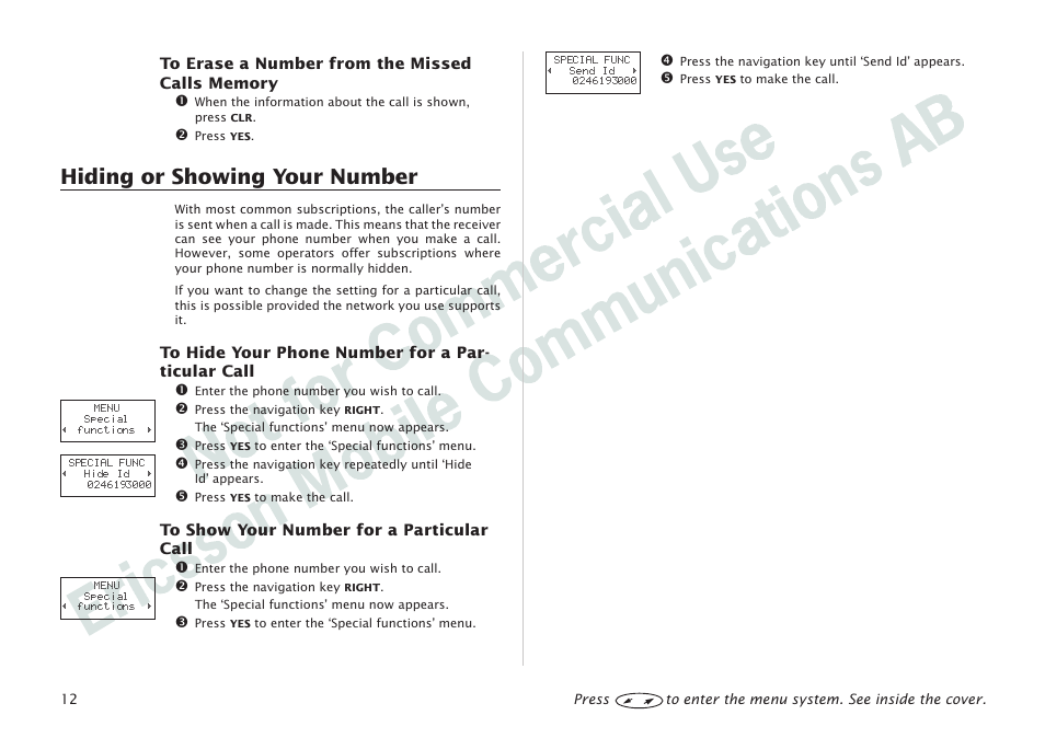 Hid- ing or showing your number 12, Hiding or showing your number | Ericsson I 888 WORLD User Manual | Page 16 / 70