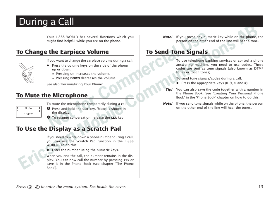 During a call, During a call 13 | Ericsson I 888 WORLD User Manual | Page 17 / 70