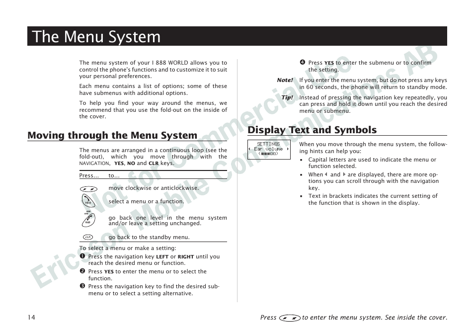 The menu system, The menu system 14, Moving through the menu system | Display text and symbols | Ericsson I 888 WORLD User Manual | Page 18 / 70