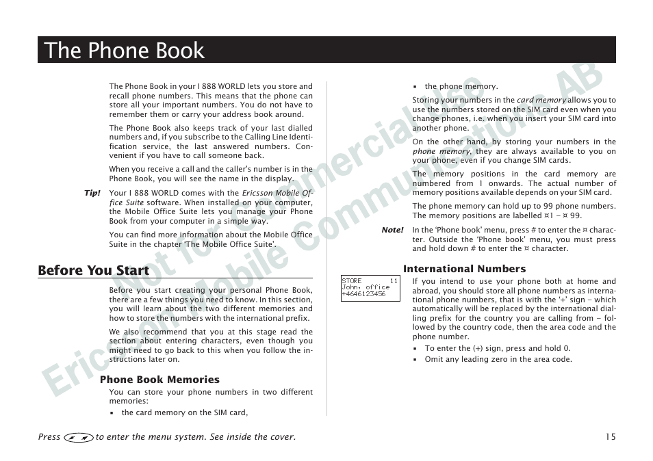 The phone book, The phone book 15, Before you start 15 | Before you start | Ericsson I 888 WORLD User Manual | Page 19 / 70