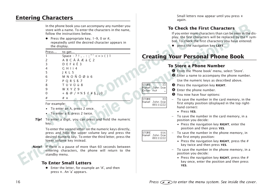 Entering characters, Creating your personal phone book | Ericsson I 888 WORLD User Manual | Page 20 / 70