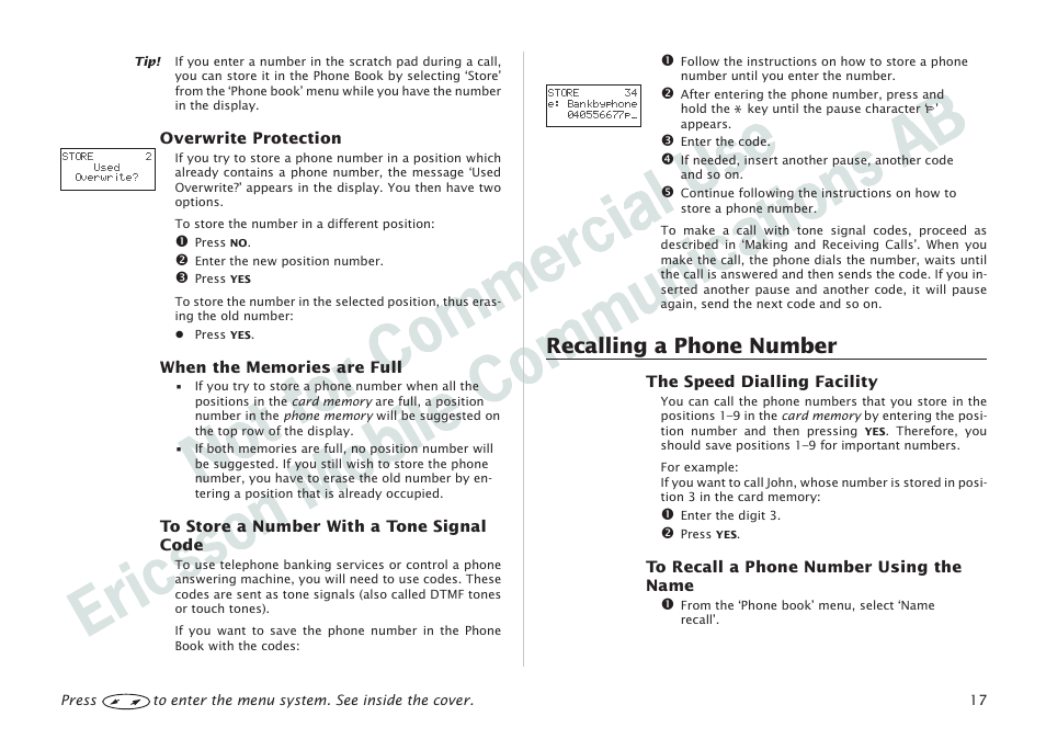 Recalling a phone number 17, Recalling a phone number | Ericsson I 888 WORLD User Manual | Page 21 / 70