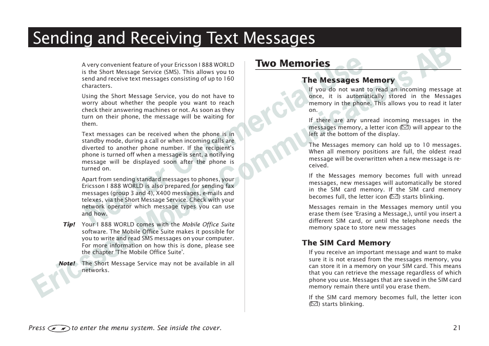 Sending and receiving text messages, Sending and receiving text messages 21, Two memories 21 | Ericsson I 888 WORLD User Manual | Page 25 / 70